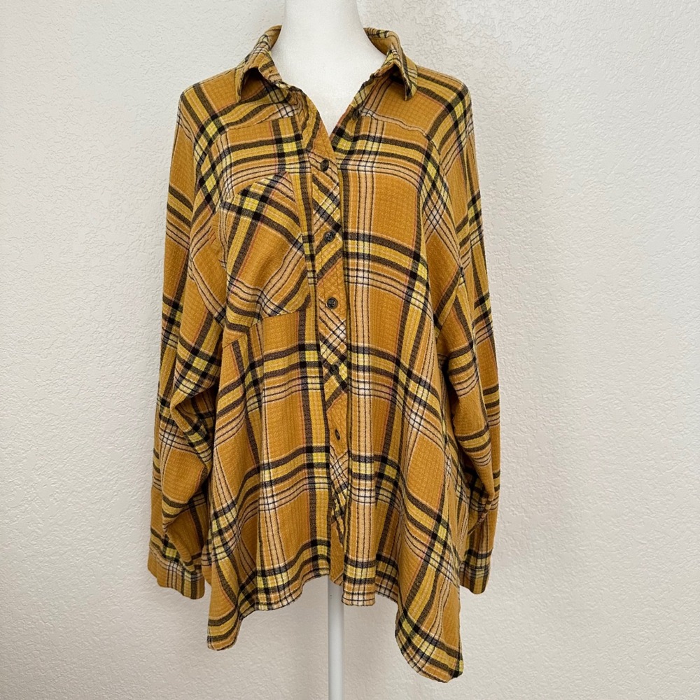 BDG Flannel Shirt Medium Mustard Yellow Plaid Oversized Tunic Button Down Indie